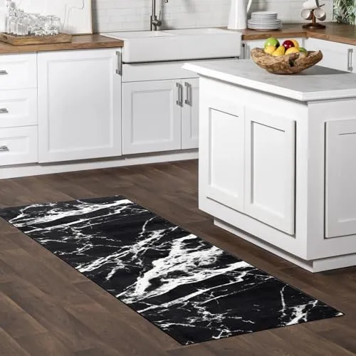 Asrug 2x7 Kitchen Runner Rug, Washable Runners for Hallways, Bathroom Runner Rug, Modern Area Rug, Soft Low-Pile Floor Non Slip Carpet, Black Entryway Rugs Indoor, Mable Design Laundry Room Rug