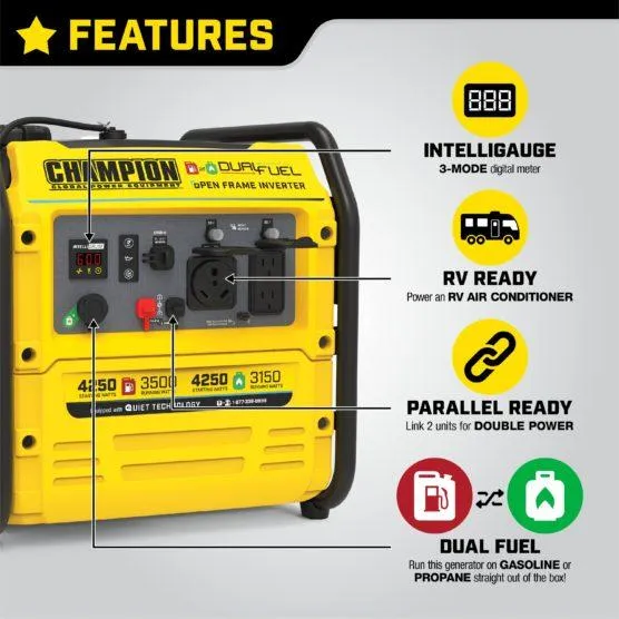 Champion 200977 3500W/4250W Generator Dual Fuel Inverter Open Frame New