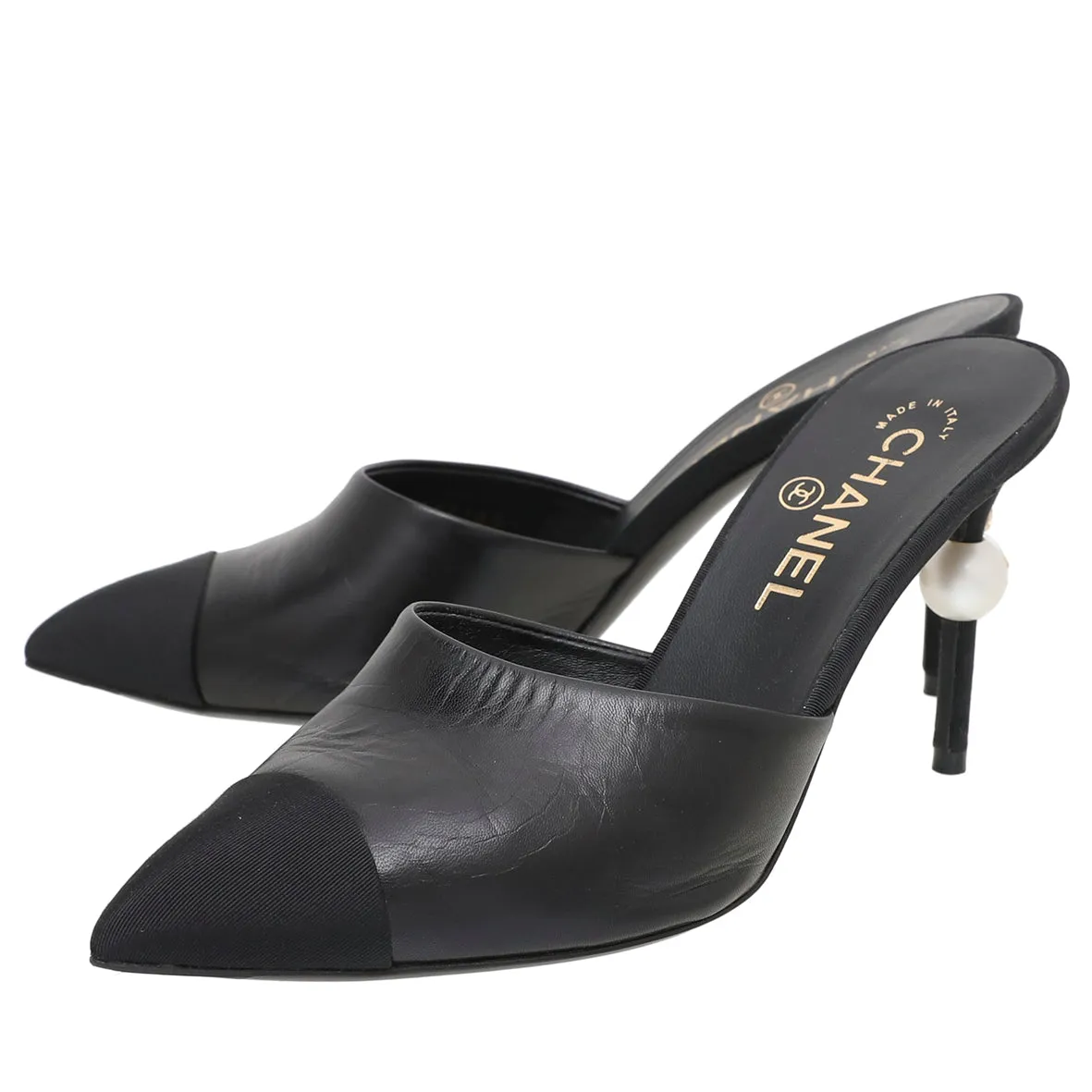 Chanel Black CC Cap Toe Runway Pearl Mules38
