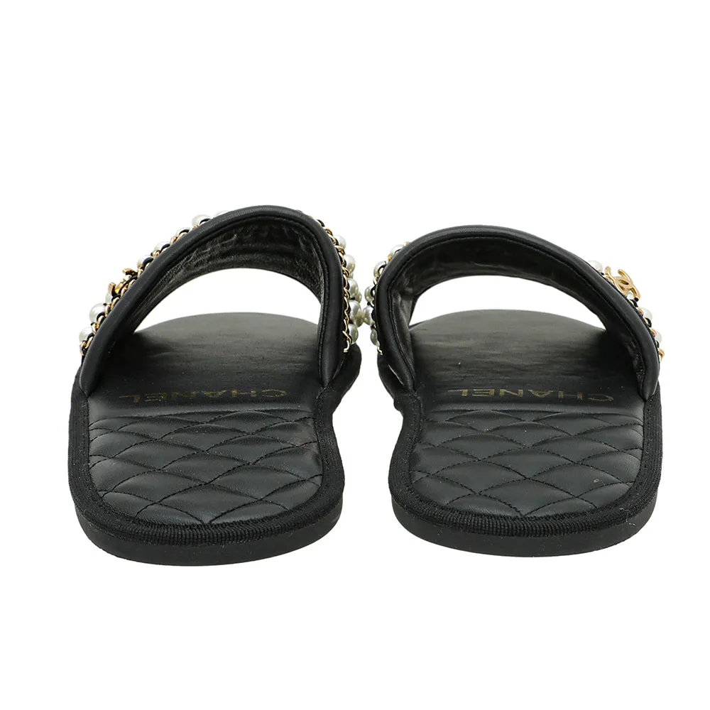 Chanel Black CC Pearl Chain Home Mules Large