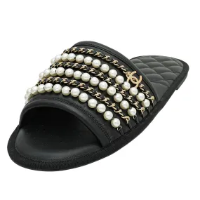 Chanel Black CC Pearl Chain Home Mules Large