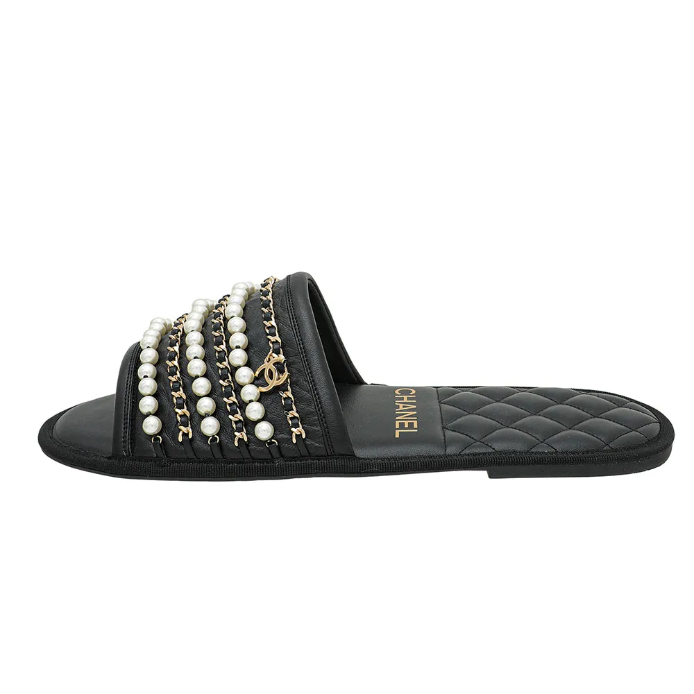 Chanel Black CC Pearl Chain Home Mules Large