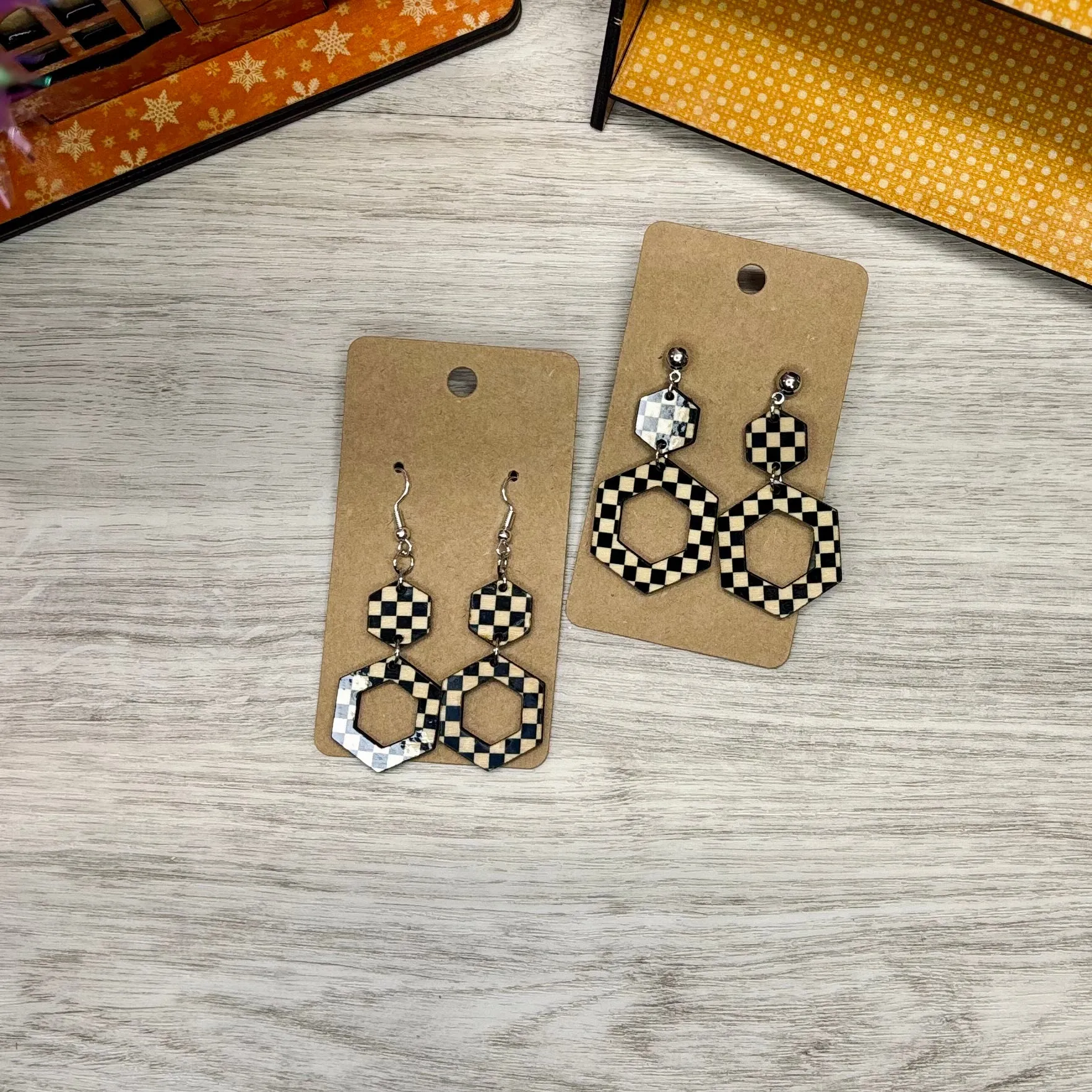 Classic Checker Print Hexagon Double Dangles - Wood Earrings