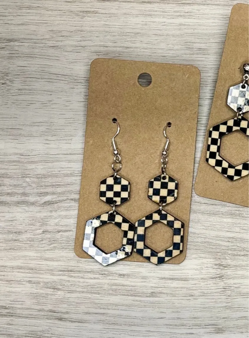Classic Checker Print Hexagon Double Dangles - Wood Earrings