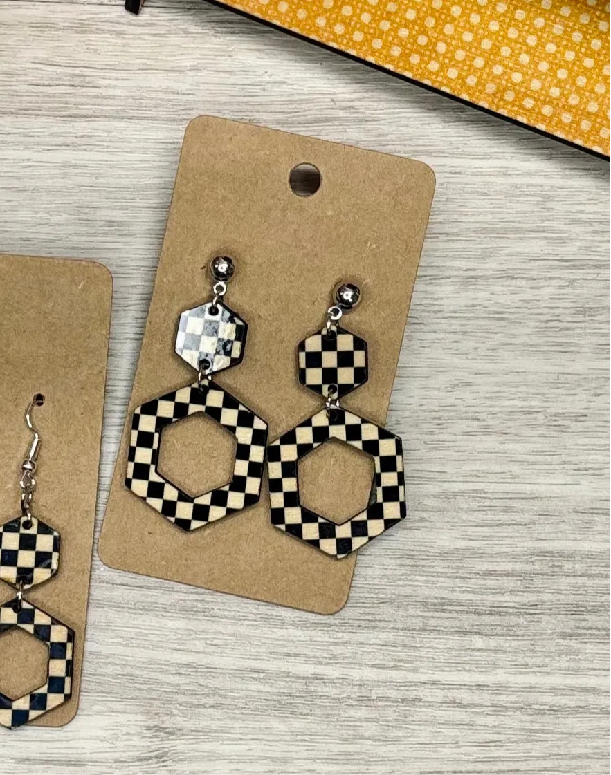 Classic Checker Print Hexagon Double Dangles - Wood Earrings