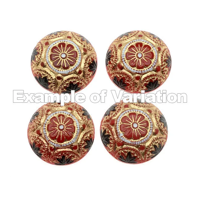 Czech Glass, Engraved Round Cabochons with Gilded Floral Motif 14mm, Gold/Jet on Red (2 Pieces)