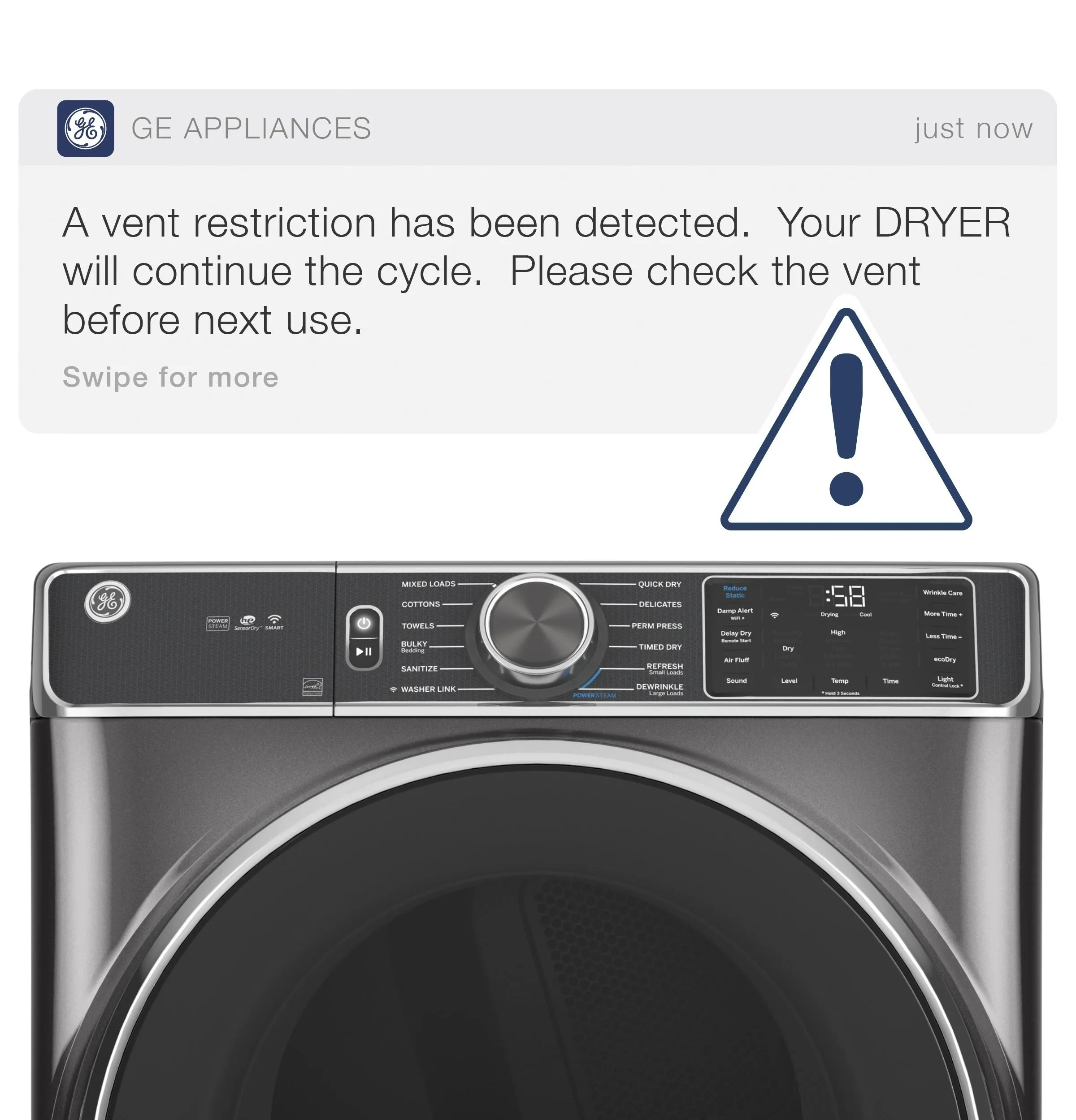 GFD55GSSNWW GE® ENERGY STAR® 7.8 cu. ft. Capacity Smart Front Load Gas Dryer with Sanitize Cycle