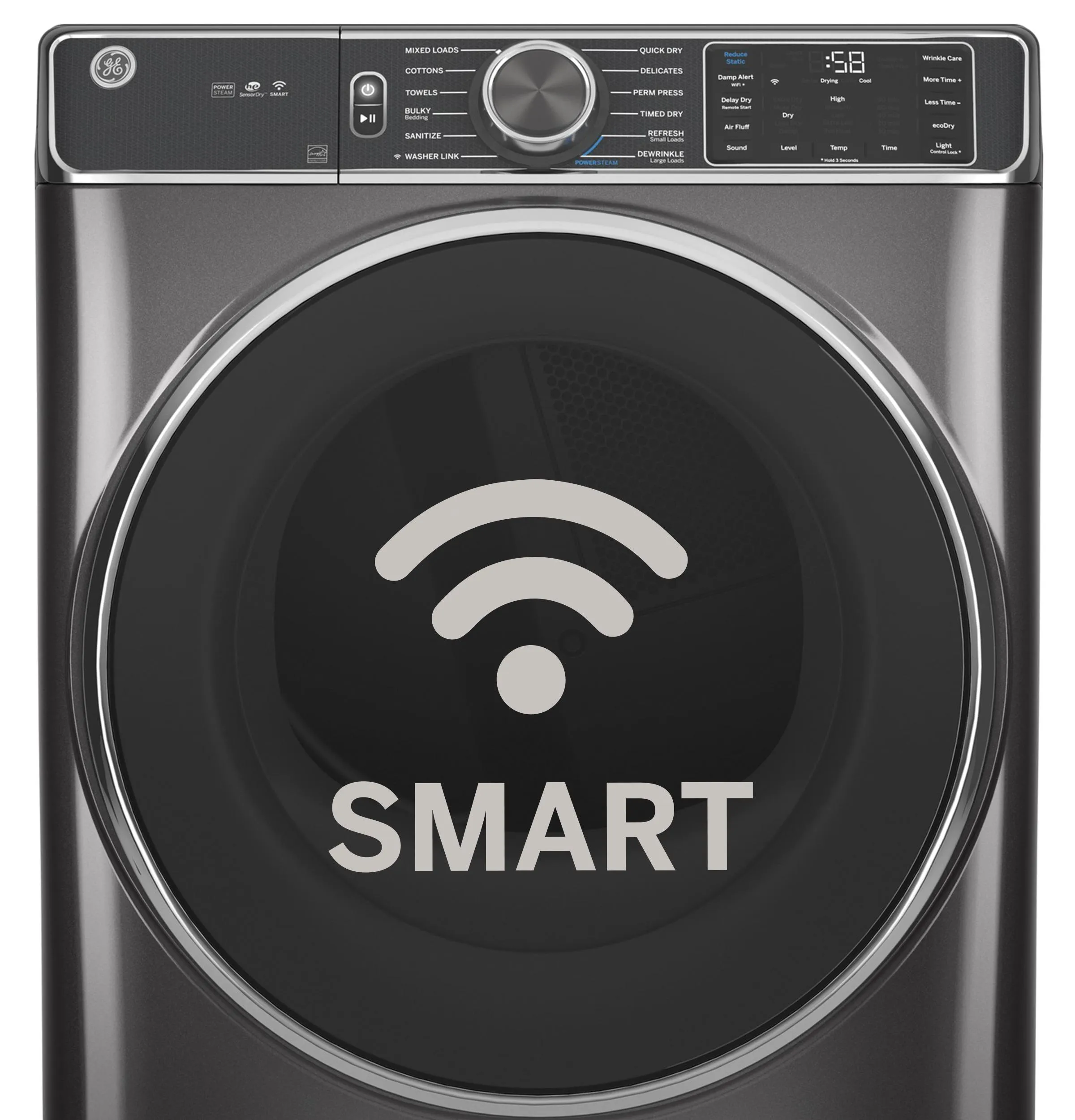 GFD55GSSNWW GE® ENERGY STAR® 7.8 cu. ft. Capacity Smart Front Load Gas Dryer with Sanitize Cycle