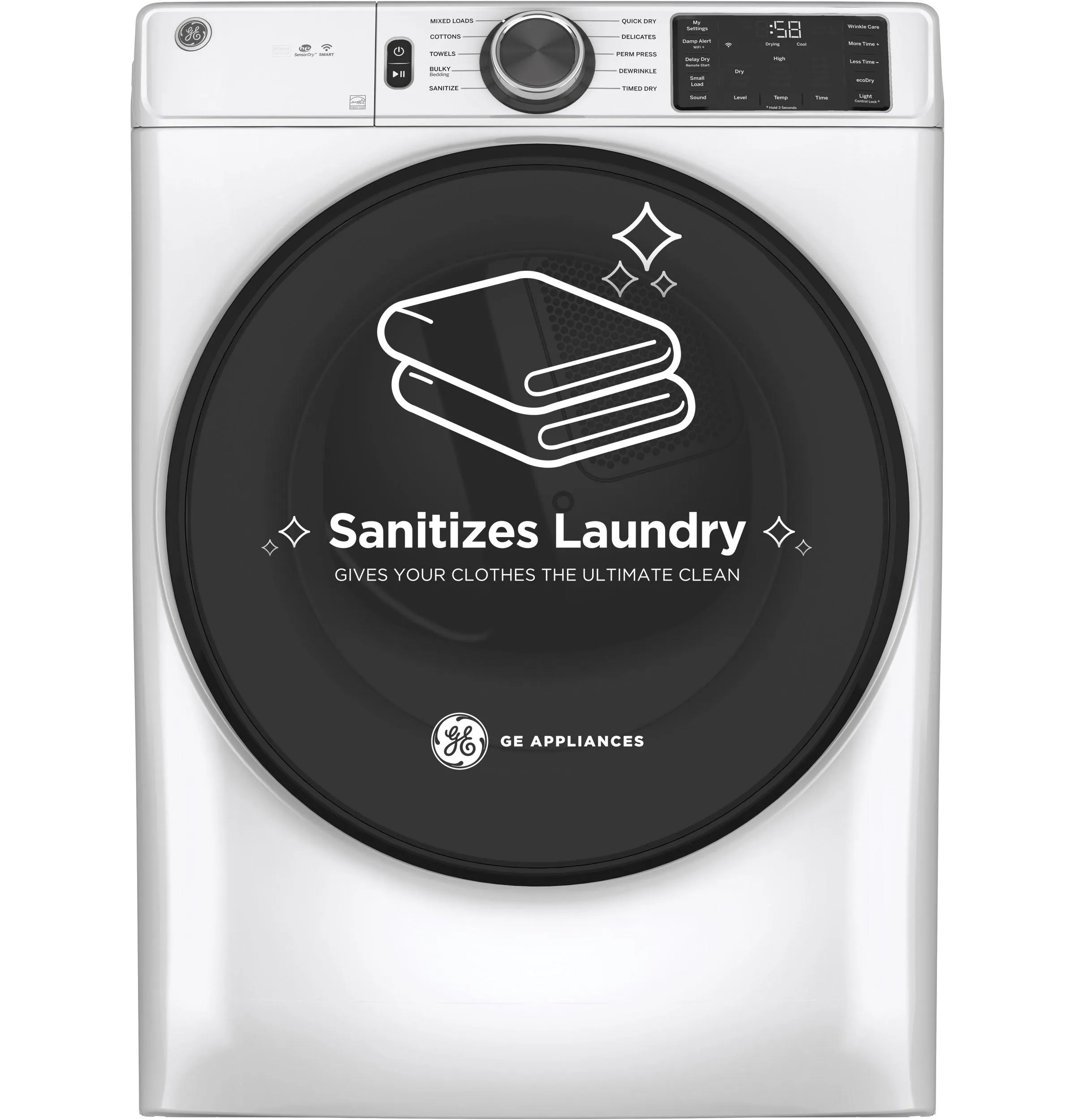 GFD55GSSNWW GE® ENERGY STAR® 7.8 cu. ft. Capacity Smart Front Load Gas Dryer with Sanitize Cycle