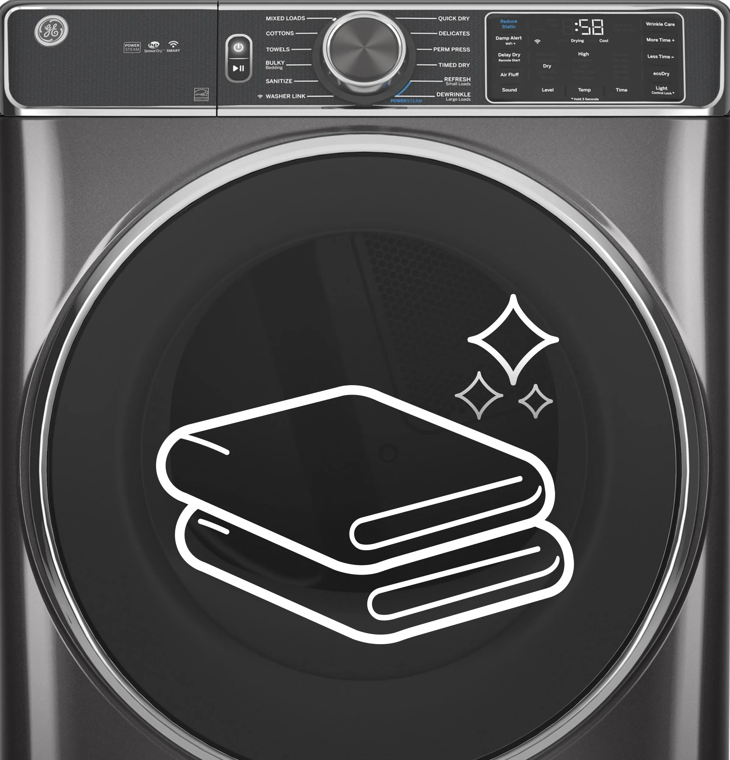 GFD55GSSNWW GE® ENERGY STAR® 7.8 cu. ft. Capacity Smart Front Load Gas Dryer with Sanitize Cycle