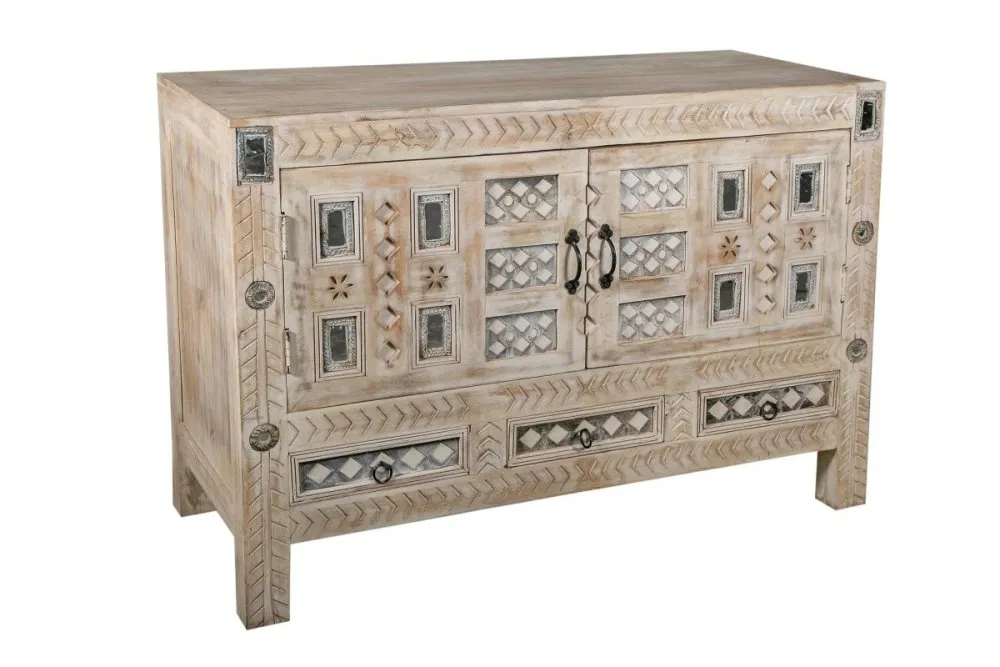Hand Carved natural wood Side board in Off White Distressed finish