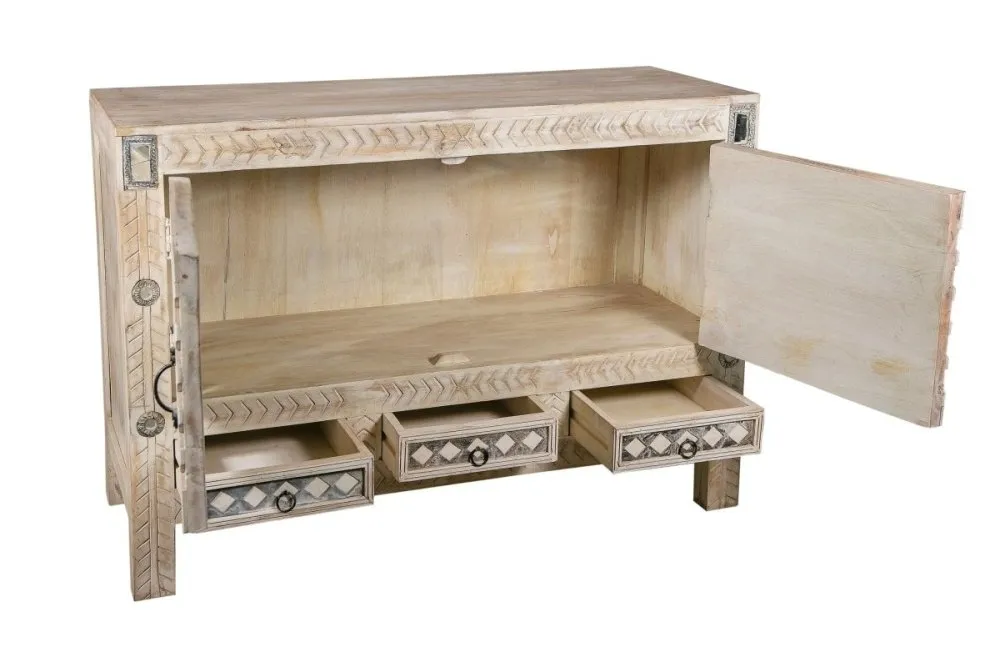 Hand Carved natural wood Side board in Off White Distressed finish