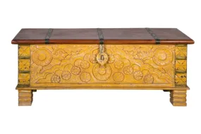 Hand carved natural Wood Storage Trunk in Sunshine Yellow