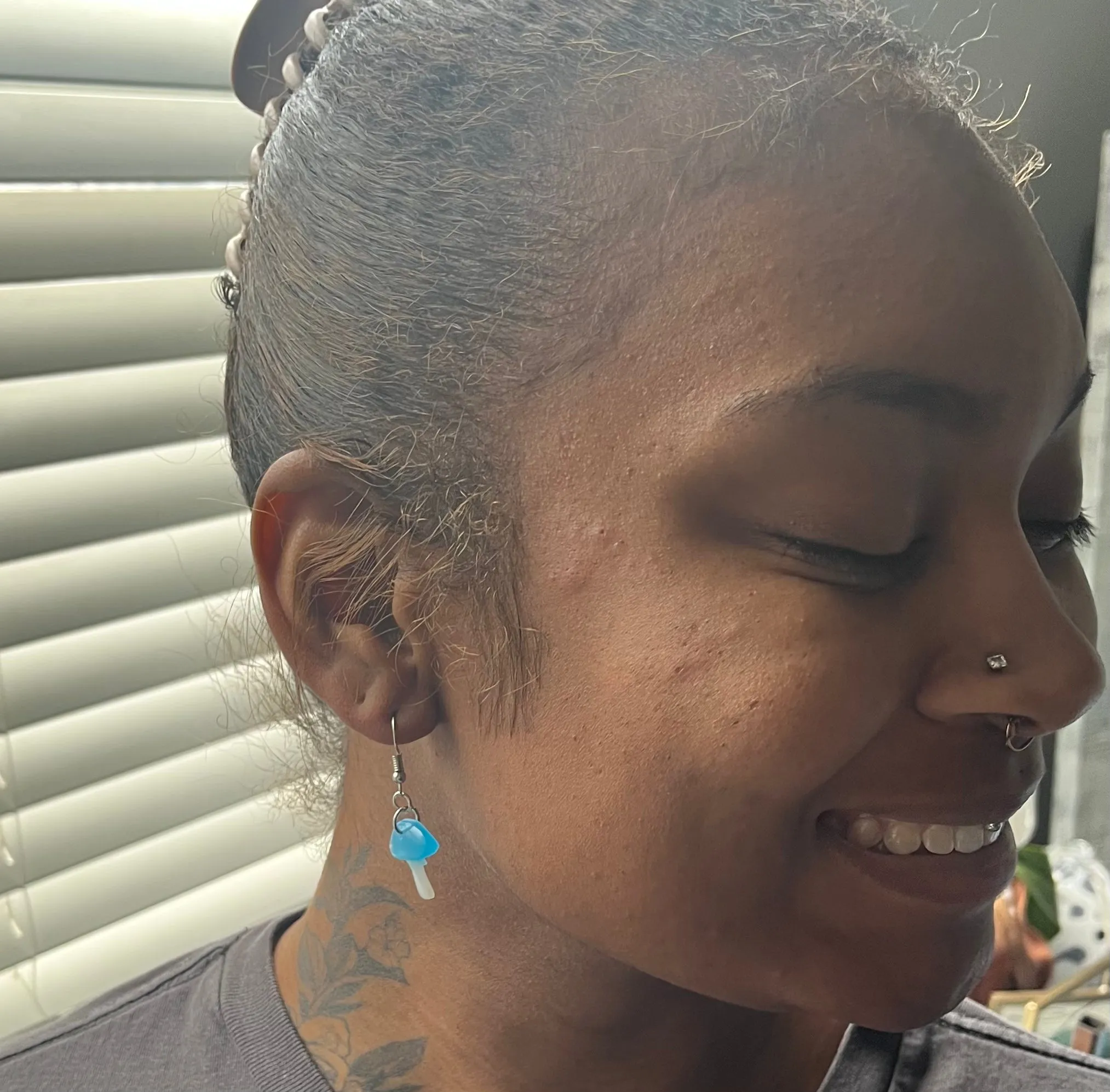 Mini blue glow-in-the-dark mushroom earrings