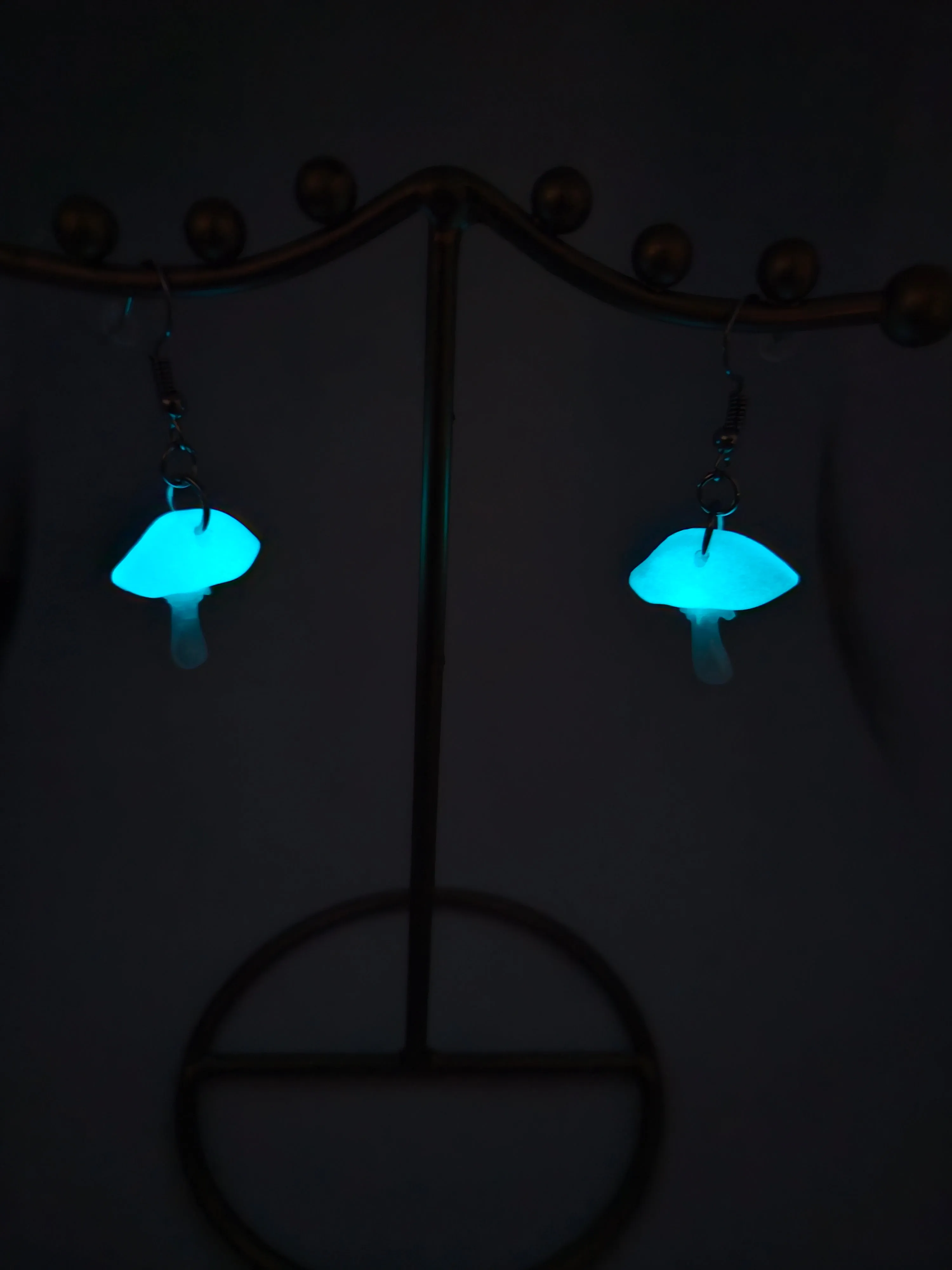 Mini blue glow-in-the-dark mushroom earrings
