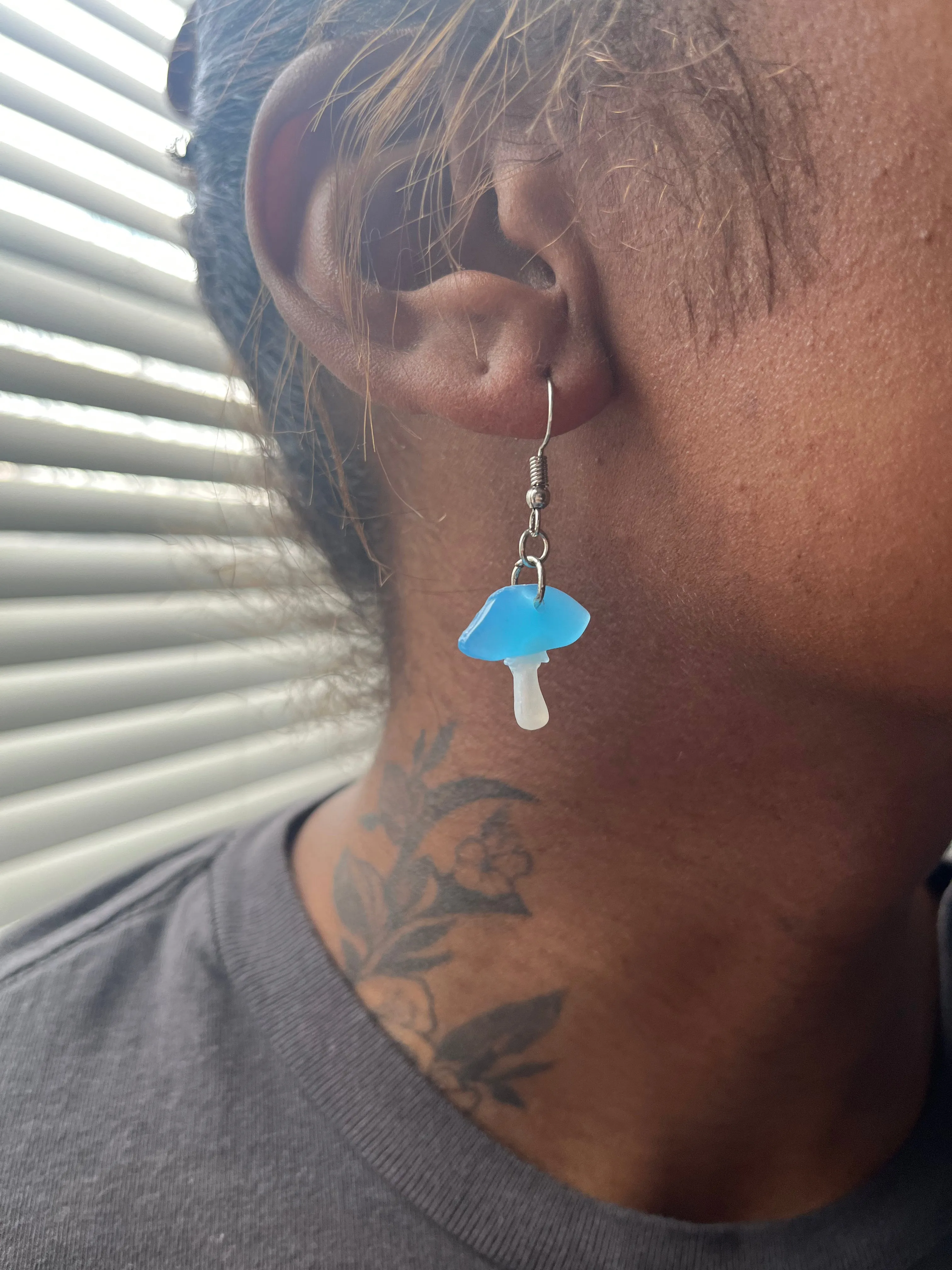 Mini blue glow-in-the-dark mushroom earrings