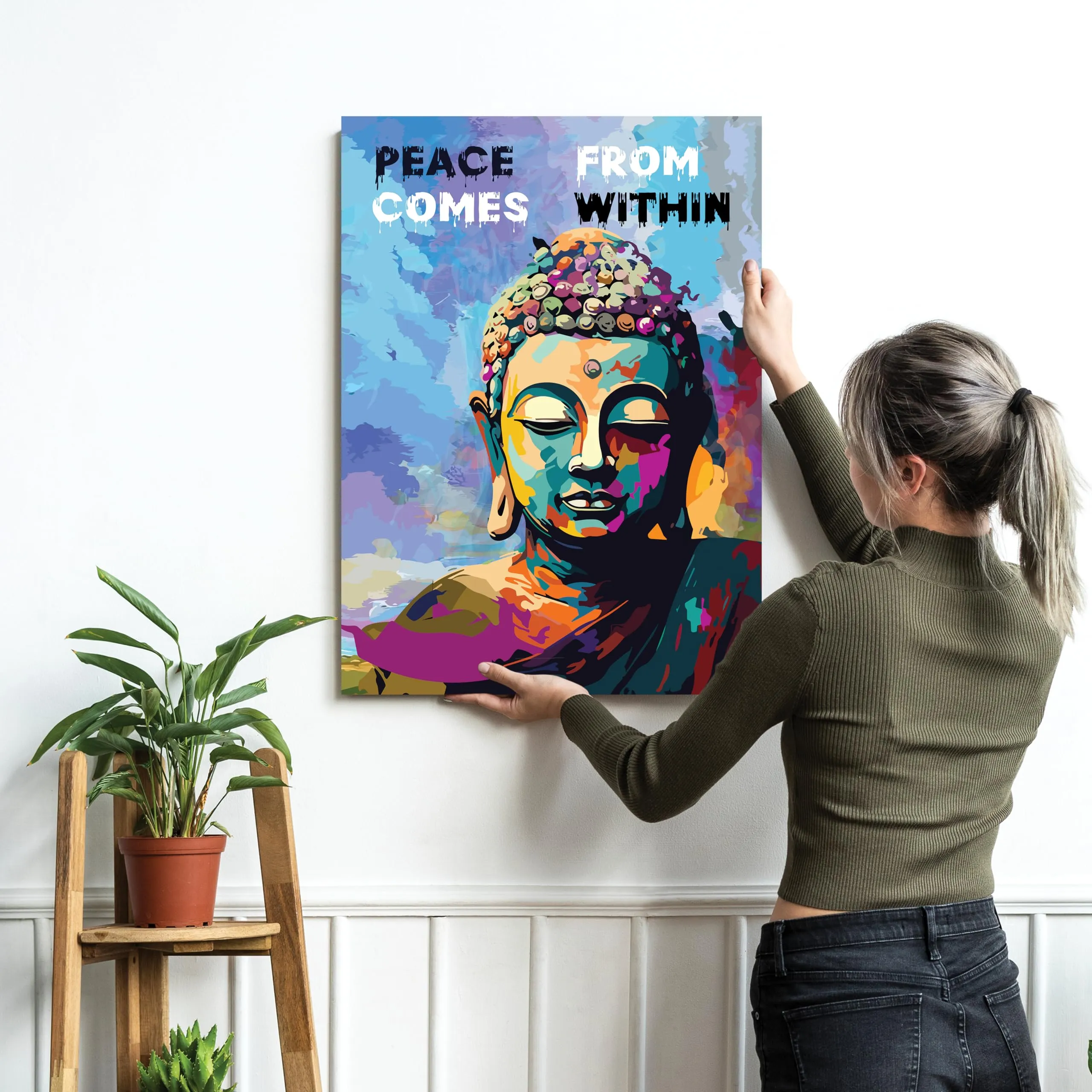 Painting Mantra Stretched Canvas Painting Lord Buddha Peace Comes Pop Graffiti Art For Living Room, Decorative Home & Wall Décor Abstract Art (Size: 16x22 Inch)