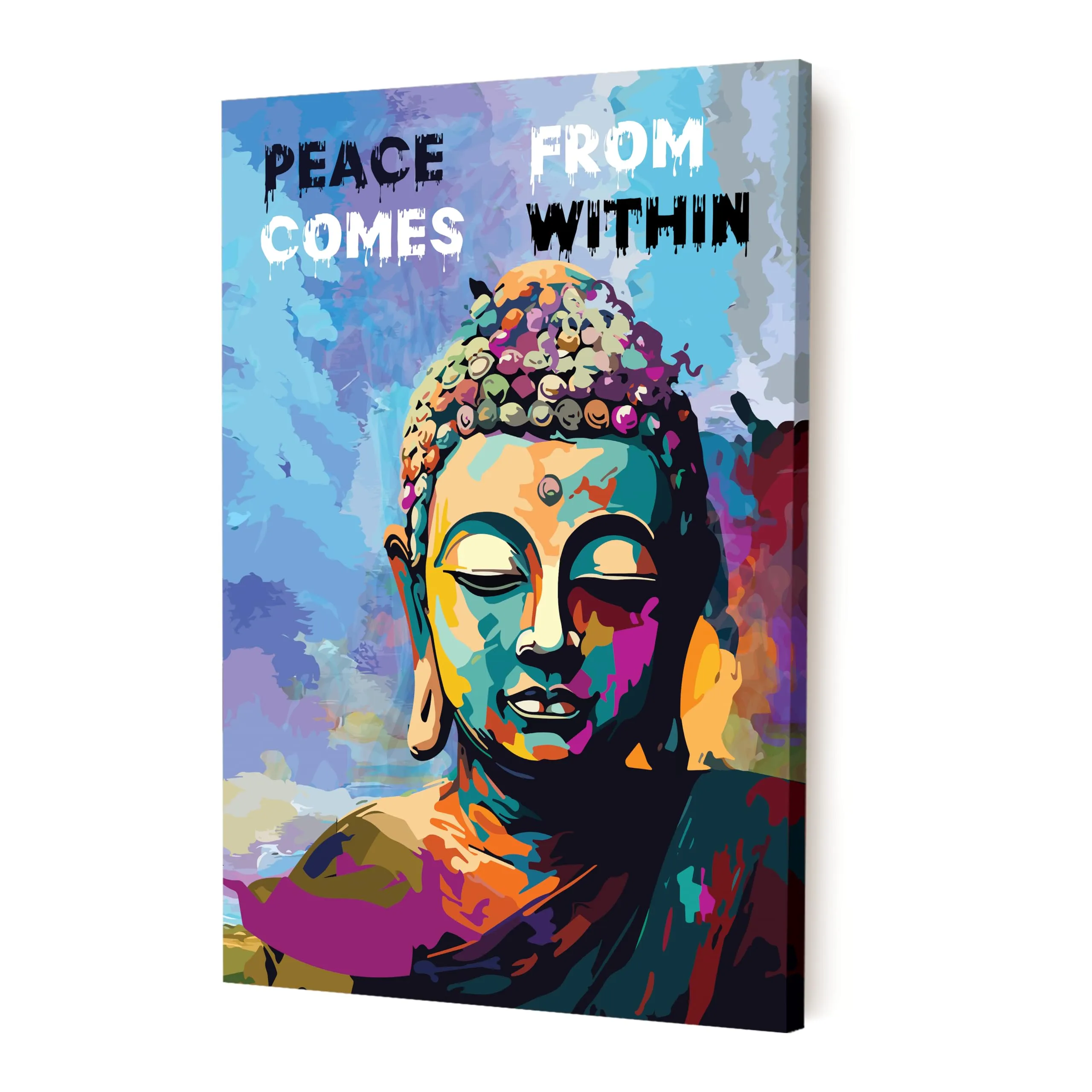 Painting Mantra Stretched Canvas Painting Lord Buddha Peace Comes Pop Graffiti Art For Living Room, Decorative Home & Wall Décor Abstract Art (Size: 16x22 Inch)