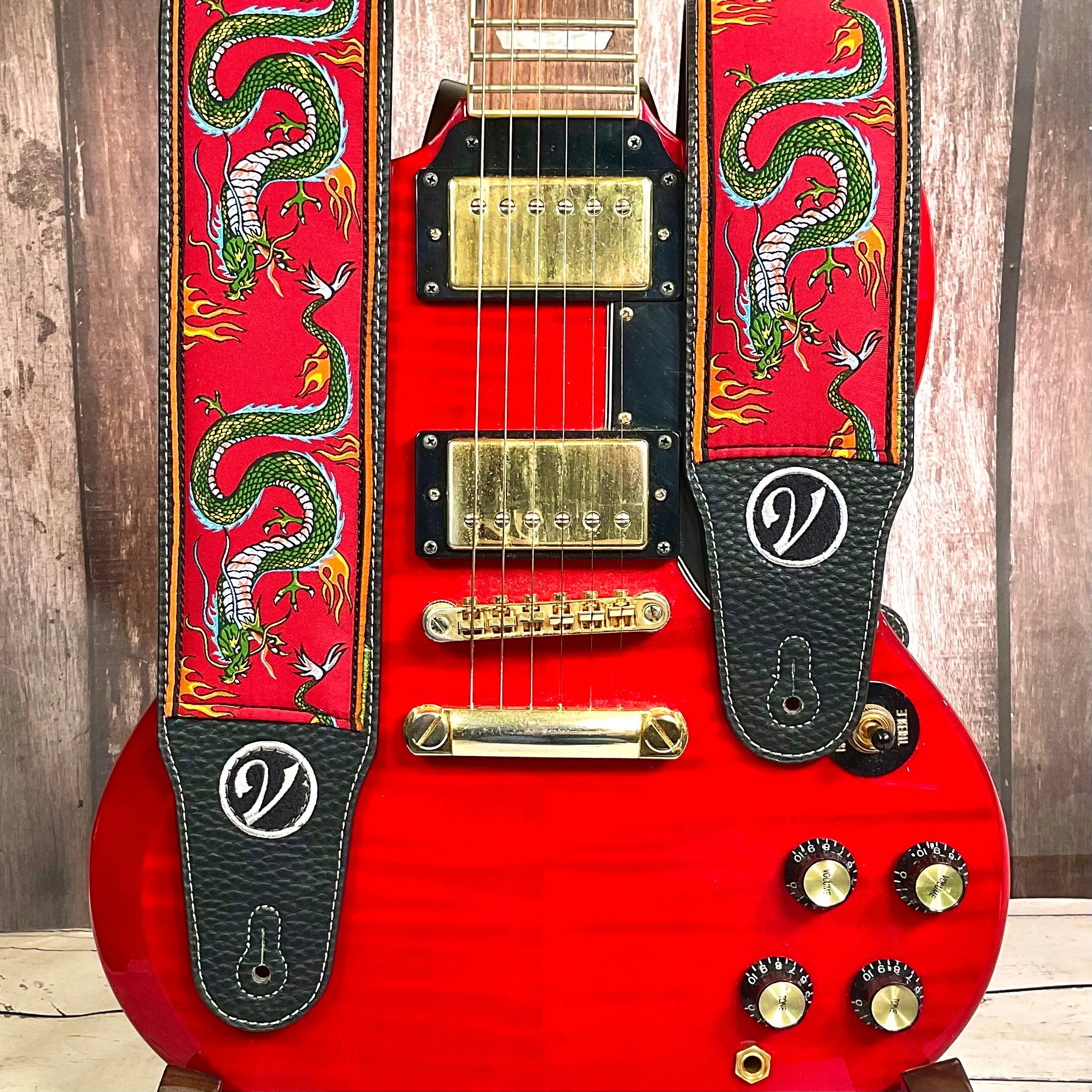 The Jimmy Page Dragon Suit Guitar Strap in Red- Vtar Vegan Guitar Straps