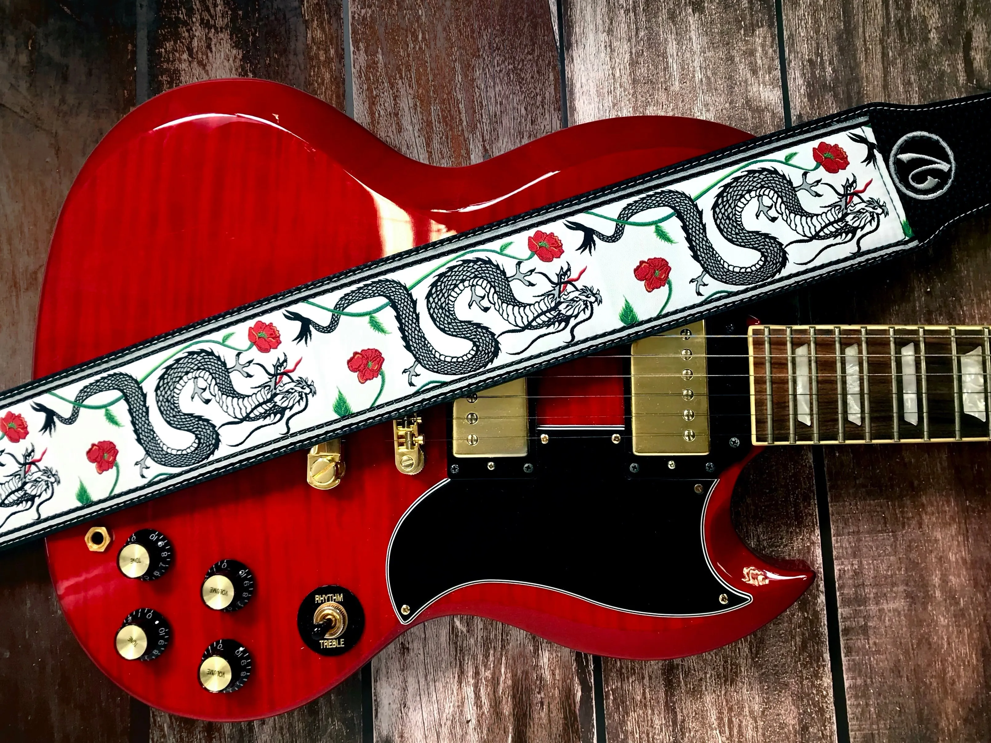 The Jimmy Page Dragon Suit Guitar Strap in White - Vtar Vegan Guitar Straps