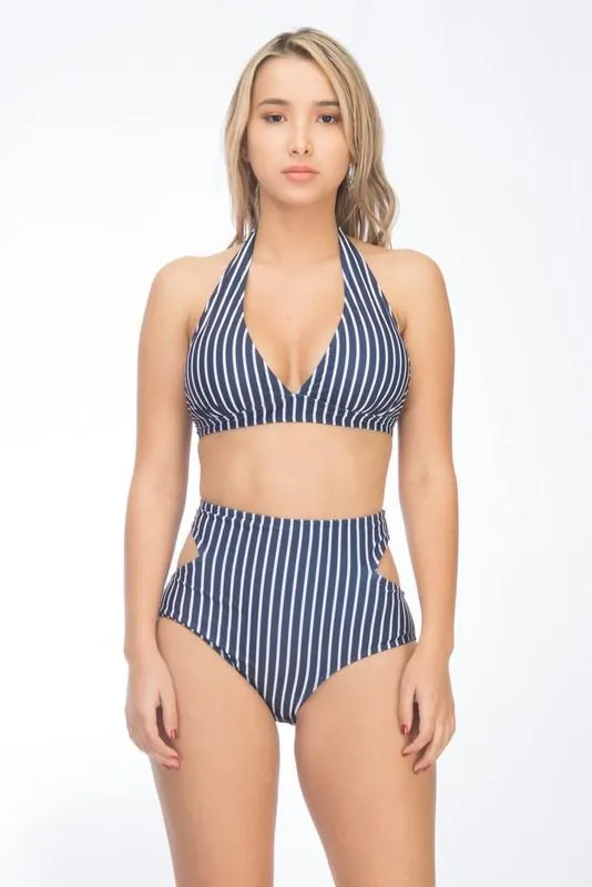 Two-Piece Retro Striped Bikini W/ Cutouts