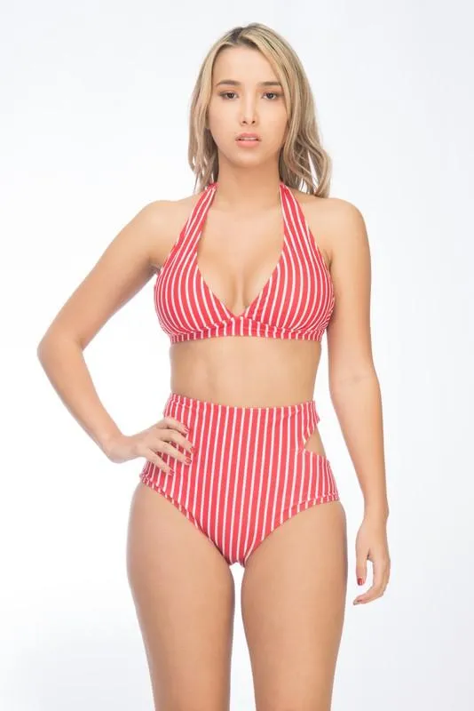 Two-Piece Retro Striped Bikini W/ Cutouts