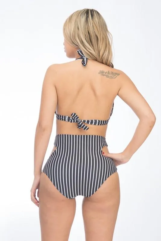 Two-Piece Retro Striped Bikini W/ Cutouts