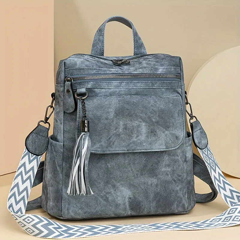 Uakiss Brown/Grey Denim Retro Women's Backpack Purse - Synthetic Leather, Magnetic Closure, Detachable Straps, Multiple Compartments, Tassel Accent, Versatile Shoulder Bag for Daily Work & Travel