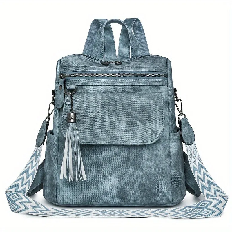 Uakiss Brown/Grey Denim Retro Women's Backpack Purse - Synthetic Leather, Magnetic Closure, Detachable Straps, Multiple Compartments, Tassel Accent, Versatile Shoulder Bag for Daily Work & Travel