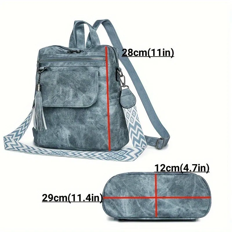 Uakiss Brown/Grey Denim Retro Women's Backpack Purse - Synthetic Leather, Magnetic Closure, Detachable Straps, Multiple Compartments, Tassel Accent, Versatile Shoulder Bag for Daily Work & Travel