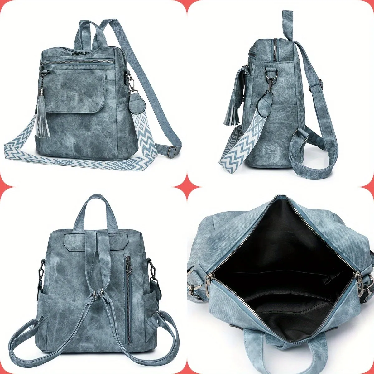 Uakiss Brown/Grey Denim Retro Women's Backpack Purse - Synthetic Leather, Magnetic Closure, Detachable Straps, Multiple Compartments, Tassel Accent, Versatile Shoulder Bag for Daily Work & Travel
