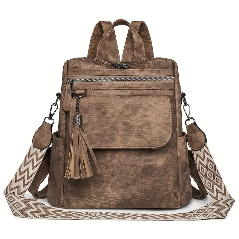 Uakiss Brown/Grey Denim Retro Women's Backpack Purse - Synthetic Leather, Magnetic Closure, Detachable Straps, Multiple Compartments, Tassel Accent, Versatile Shoulder Bag for Daily Work & Travel