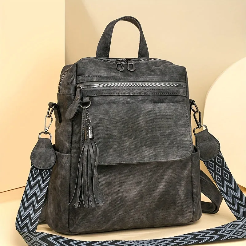 Uakiss Brown/Grey Denim Retro Women's Backpack Purse - Synthetic Leather, Magnetic Closure, Detachable Straps, Multiple Compartments, Tassel Accent, Versatile Shoulder Bag for Daily Work & Travel