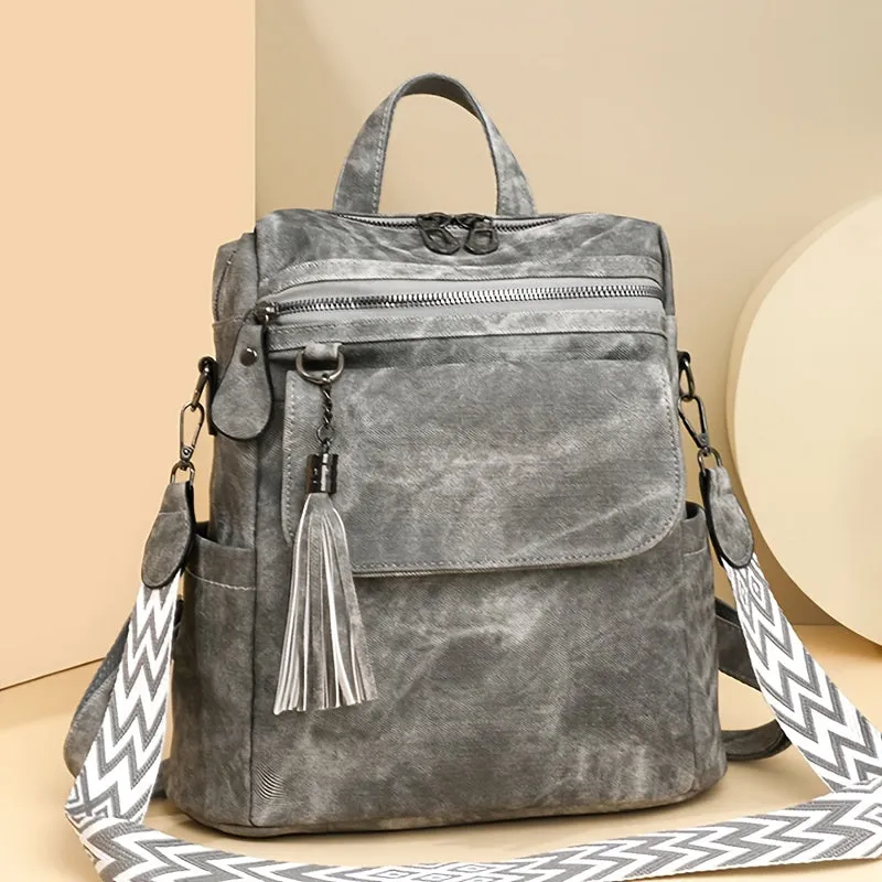 Uakiss Brown/Grey Denim Retro Women's Backpack Purse - Synthetic Leather, Magnetic Closure, Detachable Straps, Multiple Compartments, Tassel Accent, Versatile Shoulder Bag for Daily Work & Travel