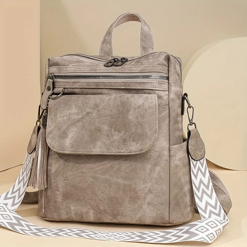 Uakiss Brown/Grey Denim Retro Women's Backpack Purse - Synthetic Leather, Magnetic Closure, Detachable Straps, Multiple Compartments, Tassel Accent, Versatile Shoulder Bag for Daily Work & Travel