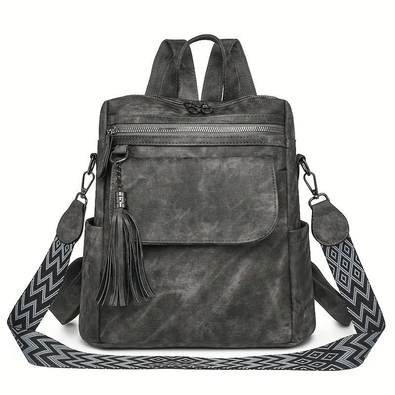 Uakiss Brown/Grey Denim Retro Women's Backpack Purse - Synthetic Leather, Magnetic Closure, Detachable Straps, Multiple Compartments, Tassel Accent, Versatile Shoulder Bag for Daily Work & Travel