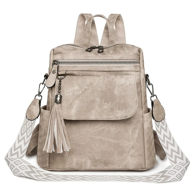 Uakiss Brown/Grey Denim Retro Women's Backpack Purse - Synthetic Leather, Magnetic Closure, Detachable Straps, Multiple Compartments, Tassel Accent, Versatile Shoulder Bag for Daily Work & Travel