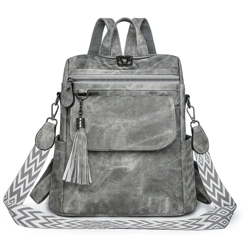 Uakiss Brown/Grey Denim Retro Women's Backpack Purse - Synthetic Leather, Magnetic Closure, Detachable Straps, Multiple Compartments, Tassel Accent, Versatile Shoulder Bag for Daily Work & Travel