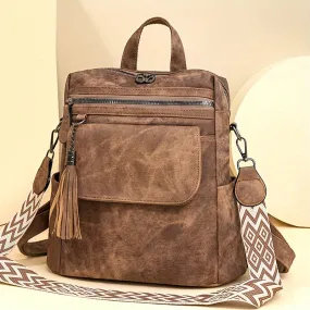 Uakiss Brown/Grey Denim Retro Women's Backpack Purse - Synthetic Leather, Magnetic Closure, Detachable Straps, Multiple Compartments, Tassel Accent, Versatile Shoulder Bag for Daily Work & Travel