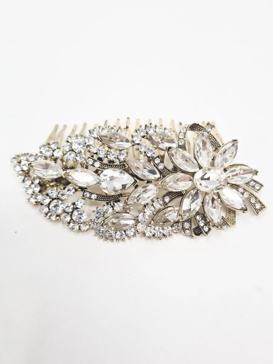 Vintage Gold Diamante Crystal Floral Hair Comb
